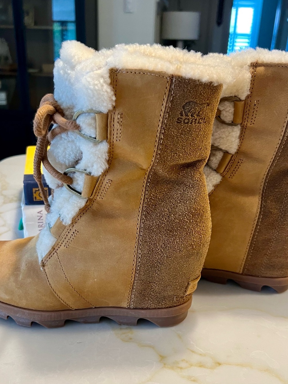 Sorel Joan of Arctic Wedge II Shearling Boots Camel Brown Suede Leather Size 7 - Picture 2 of 6